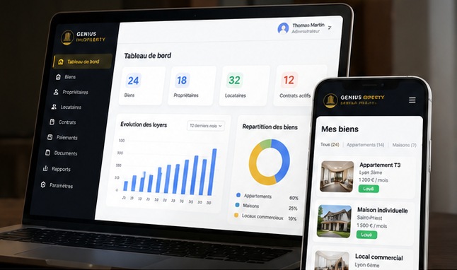 Tableau de bord Genius Property sur ordinateur portable et liste des biens sur smartphone