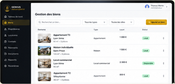 Page « Gestion des biens » : liste des biens avec loyer et statut